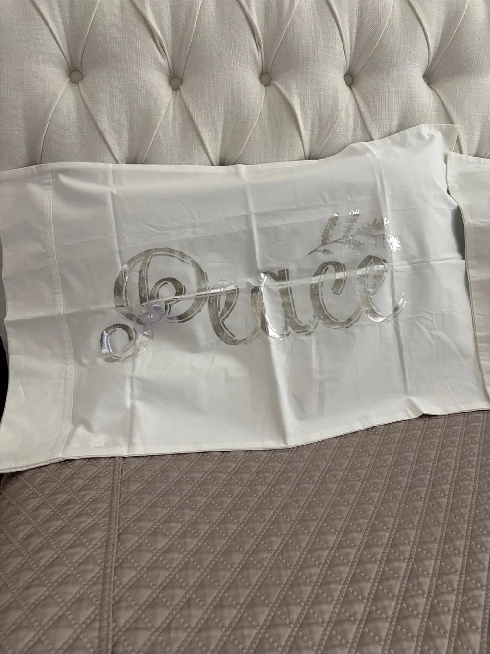 NEW—World Market Set of 2 Standard/Queen White Pillowcases with “Peace”& “Joy”